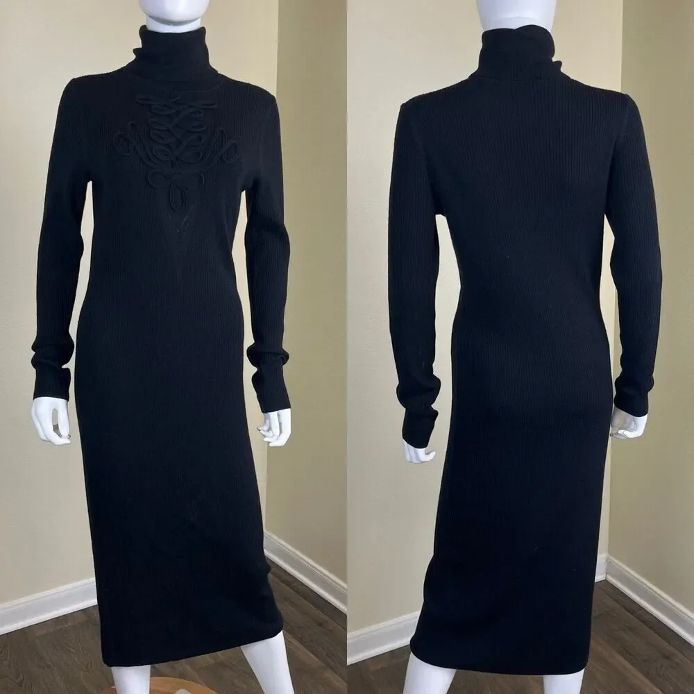 DVF Women Size L Black Wool Jersey Knit Midi Sweater Dress Capsule Minimalist